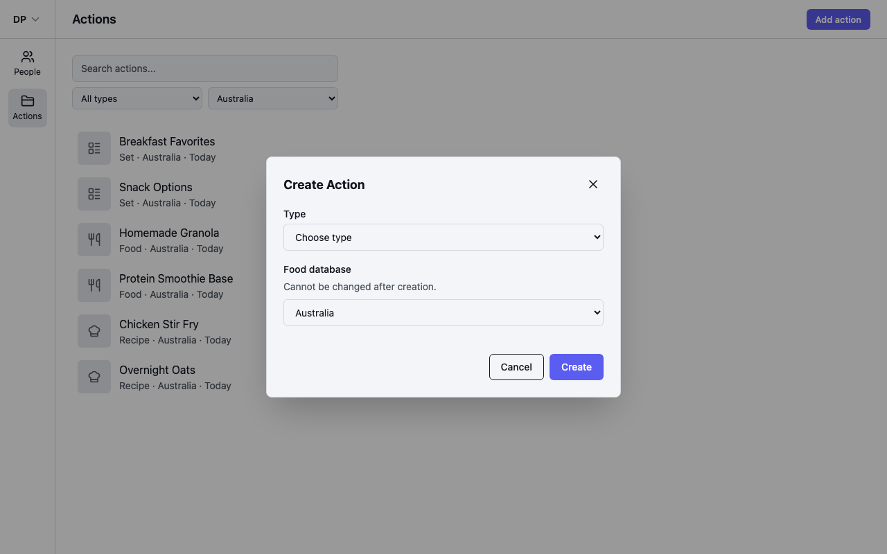 The Add action dialog with type and food database fields