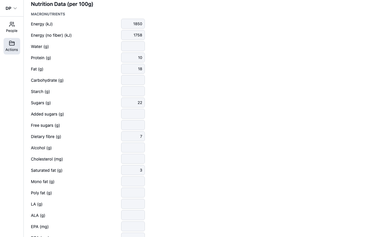The nutrition data entry form on a custom food