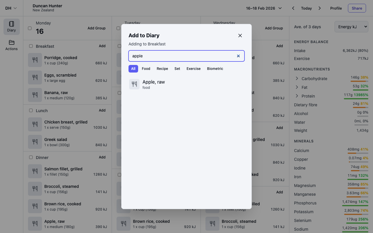 The Add to Diary dialog with search and type filters