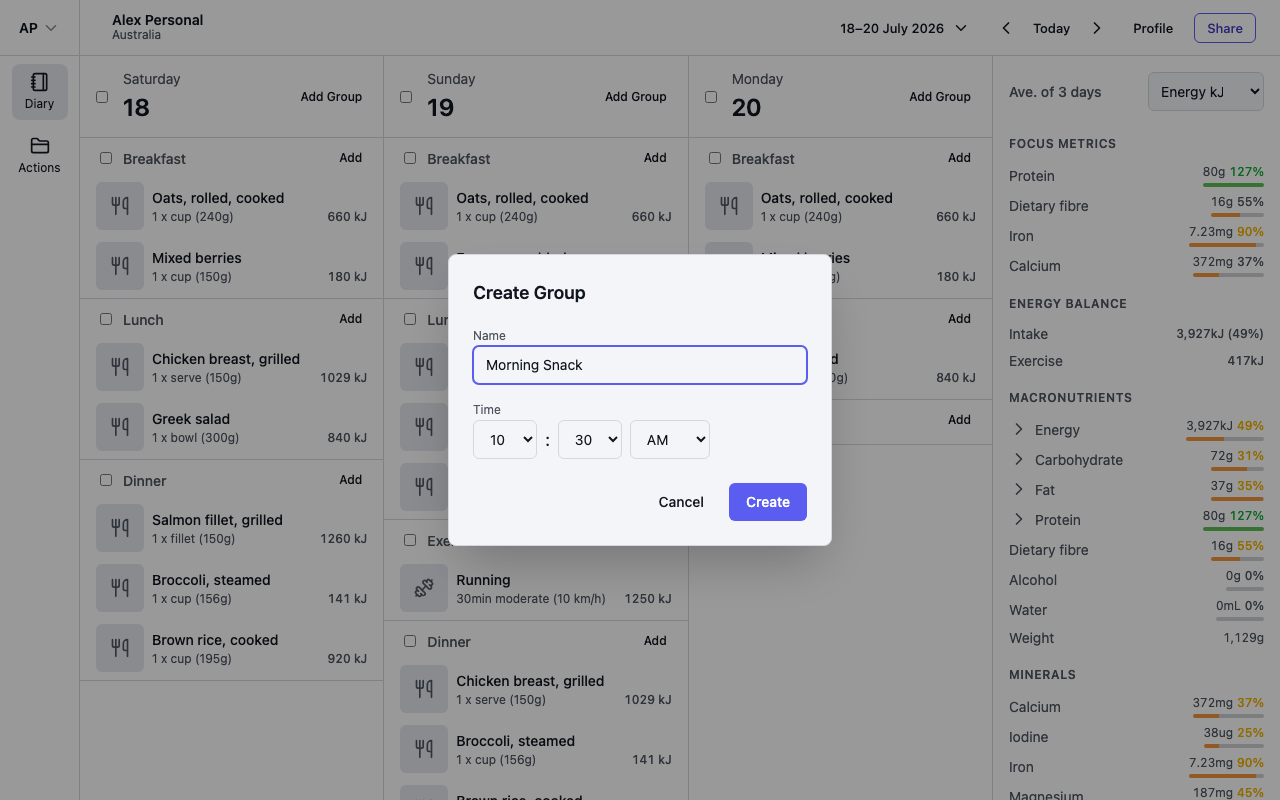 The Create Group dialog with a name and time