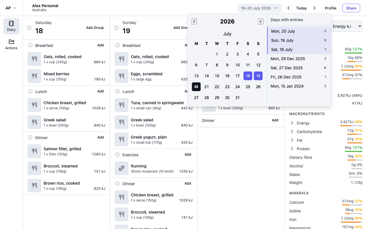 The date picker with a calendar and the Days with entries list