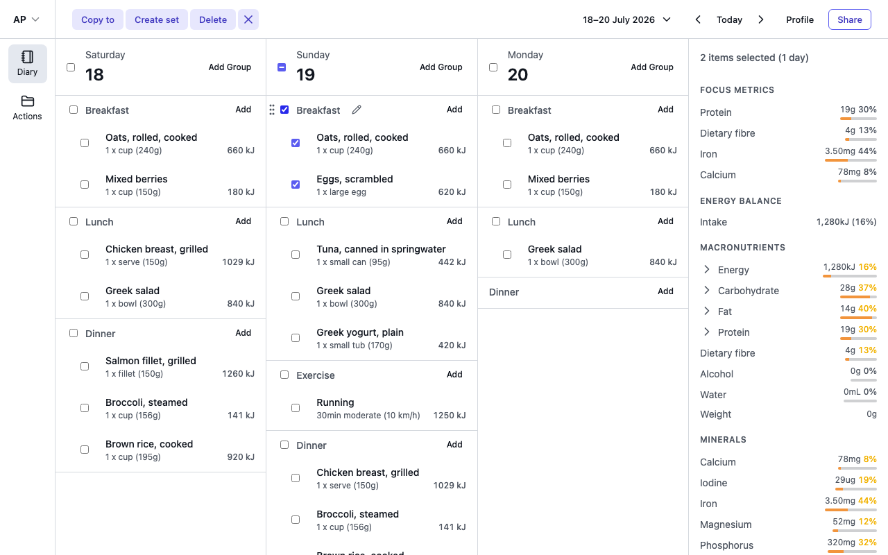 Selected diary entries with Copy to, Create set and Delete actions