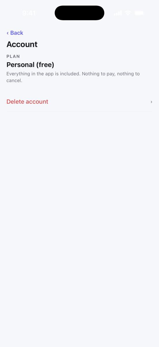 The Account screen showing the Personal (free) plan and Delete account