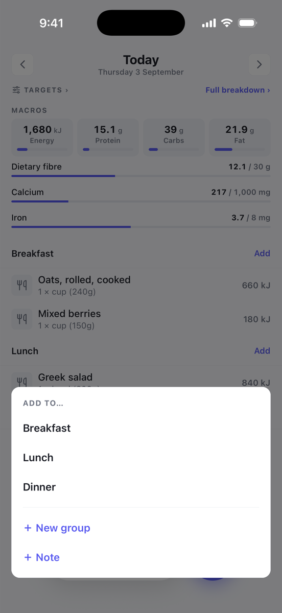 The Add to… sheet listing Breakfast, Lunch, Dinner, New group and Note