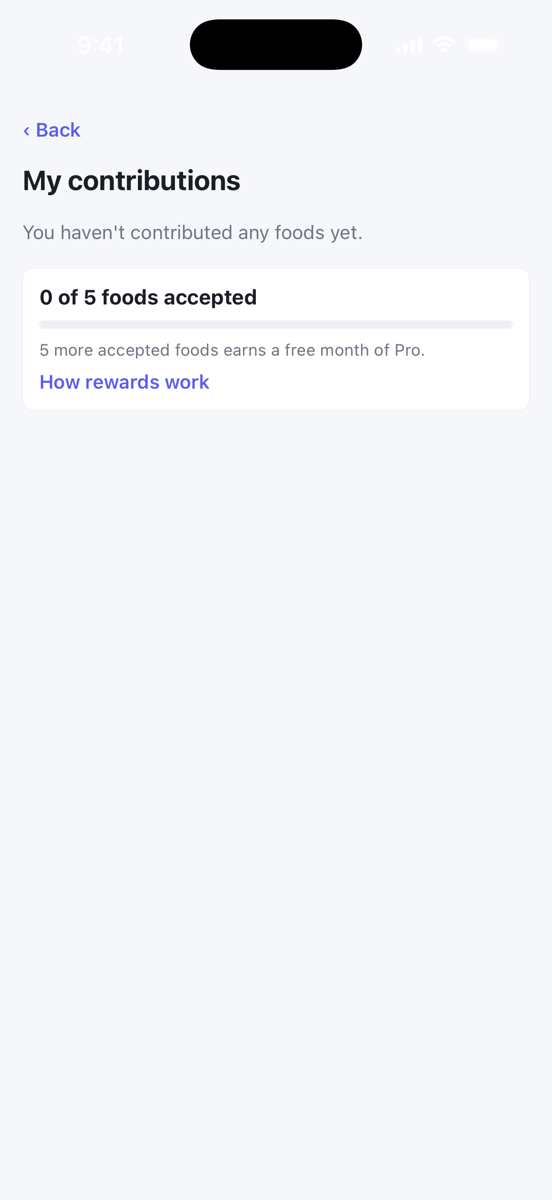 My contributions showing 0 of 5 foods accepted and the How rewards work link