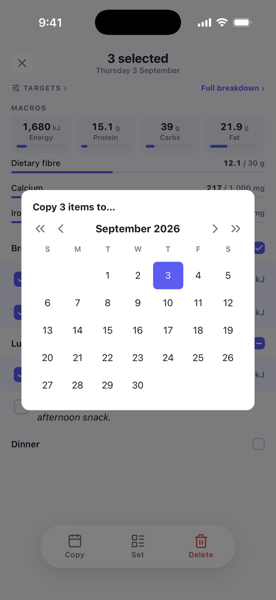 The Copy 3 items to… calendar