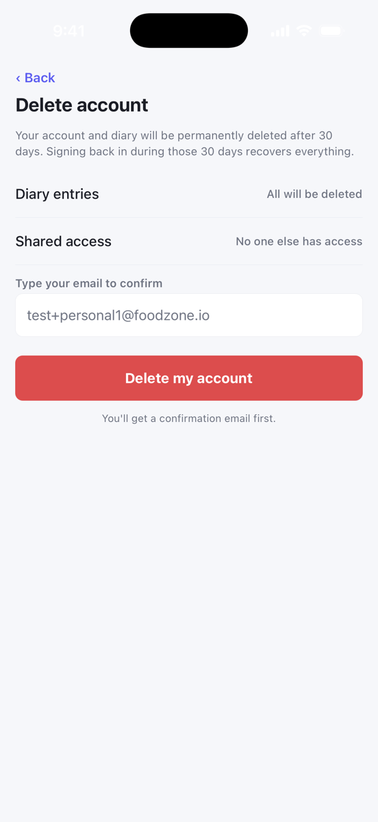 The Delete account screen with the 30-day notice and the email confirmation field