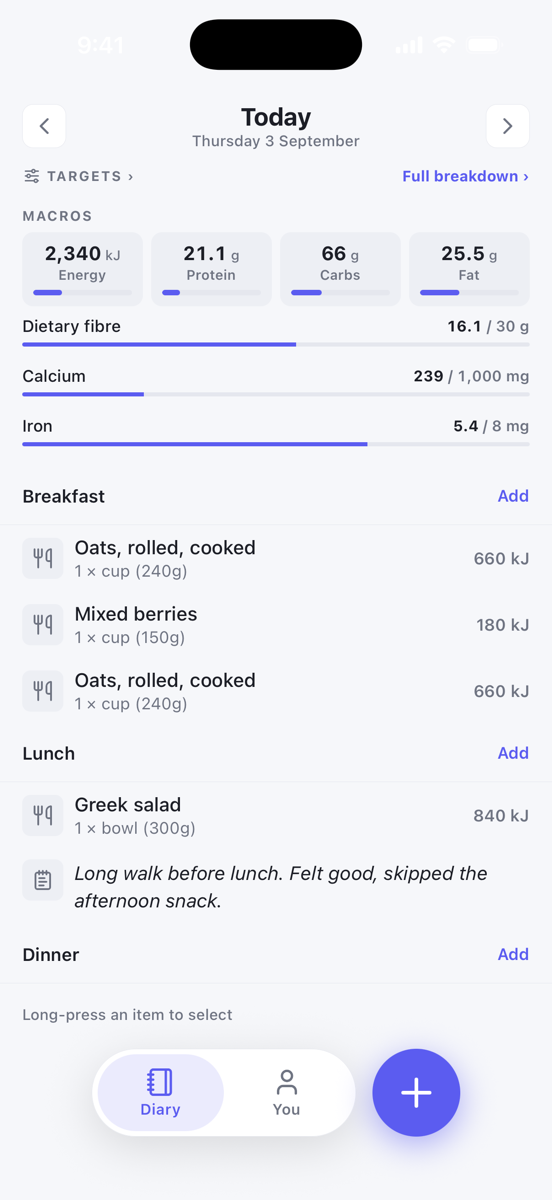 A note shown in italics under the Lunch group in the diary