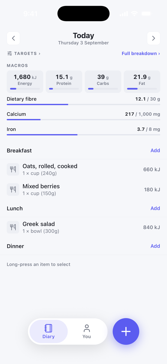 The diary for today with the macros summary and meal groups
