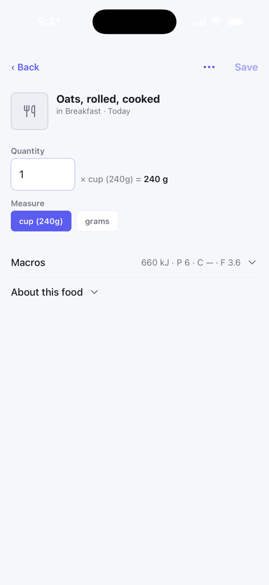 The edit sheet for an oats entry with quantity, measure and Macros
