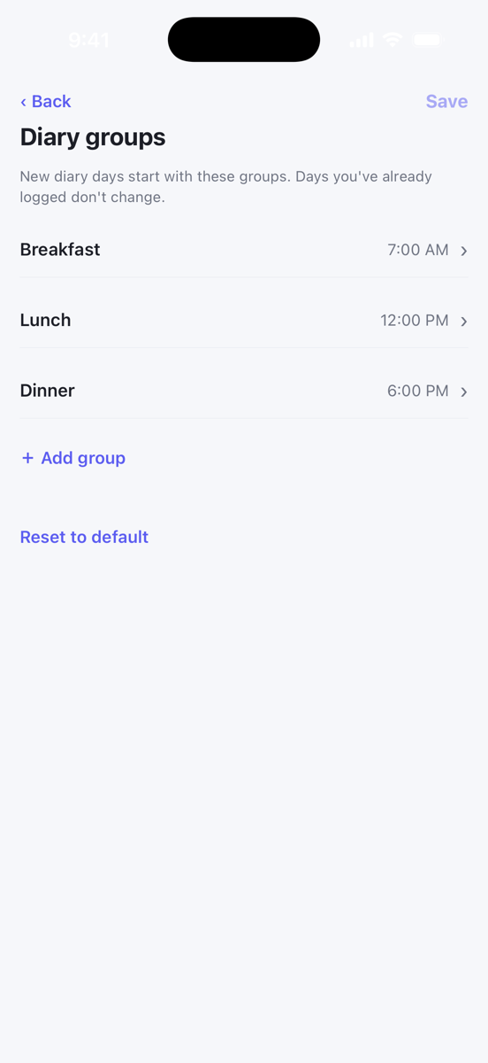 The Diary groups screen listing Breakfast, Lunch and Dinner with their times