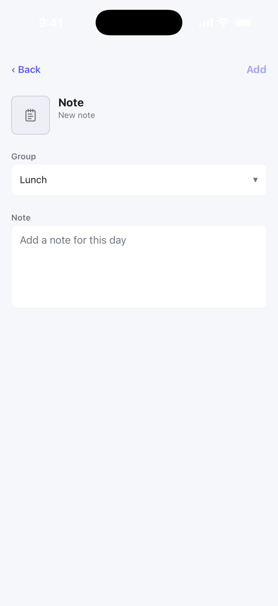The New note screen with a Group picker and a Note field