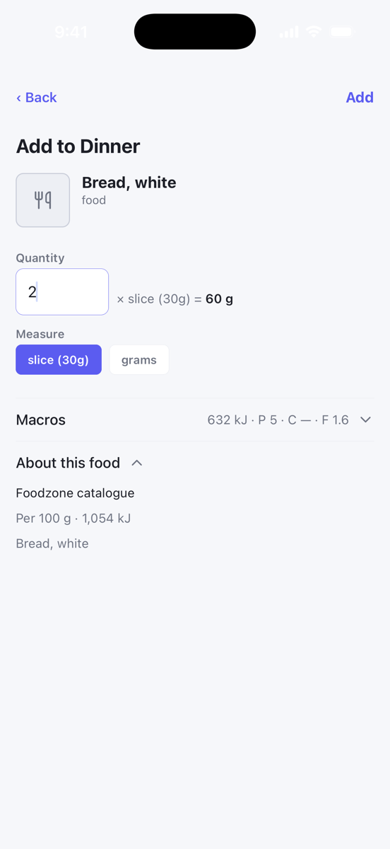 The portion sheet for white bread with quantity, measure chips and Macros
