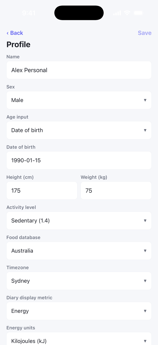 The Profile screen with demographics, food database and energy units