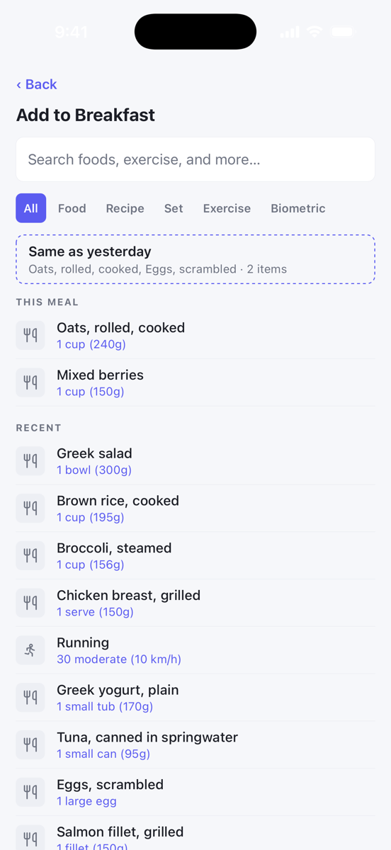 Search before typing, showing Same as yesterday and Recent