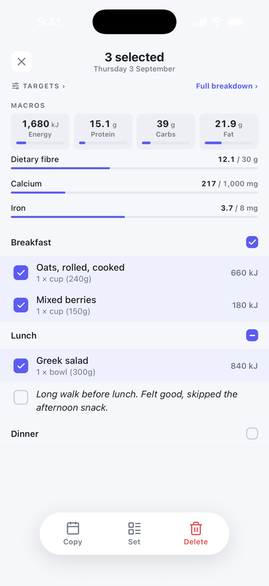 Selection mode with three items selected and the Copy, Set and Delete actions