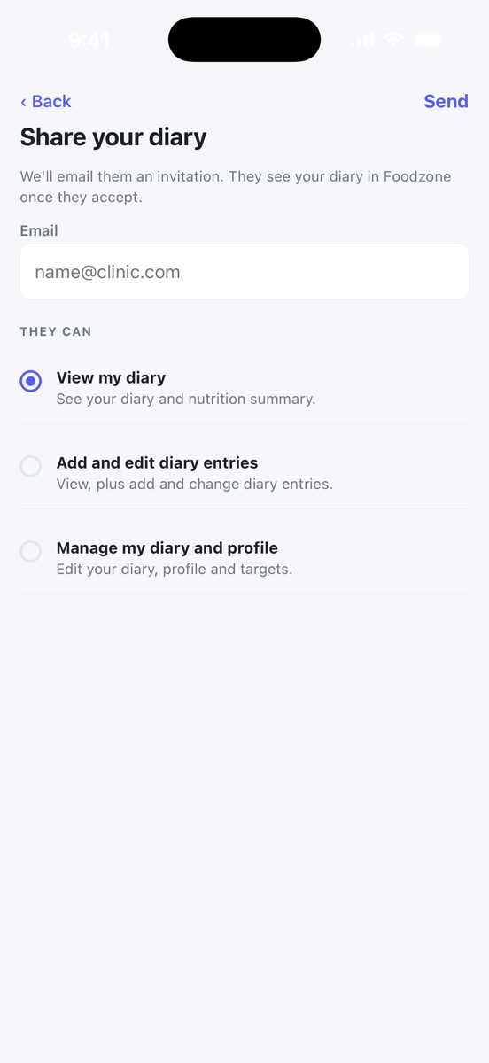 The Share your diary screen with the email field and the three access levels