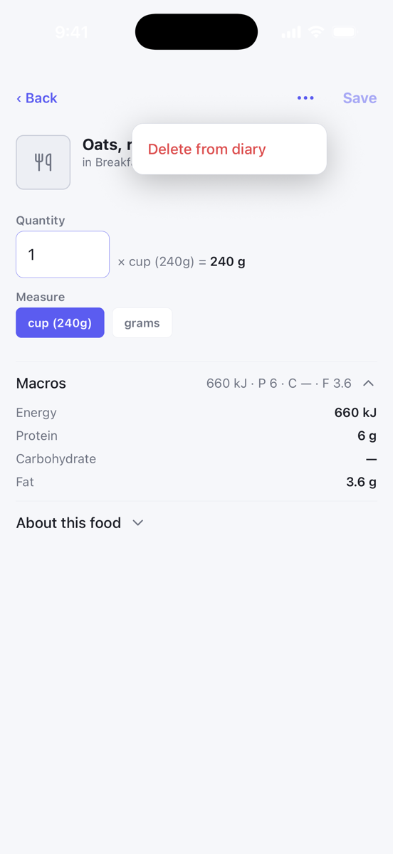 The ⋯ menu on the edit sheet showing Delete from diary