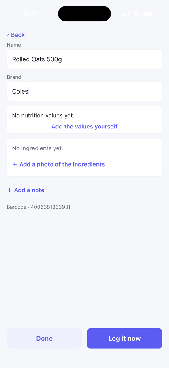 The finish screen with name, brand, nutrition values and ingredients cards