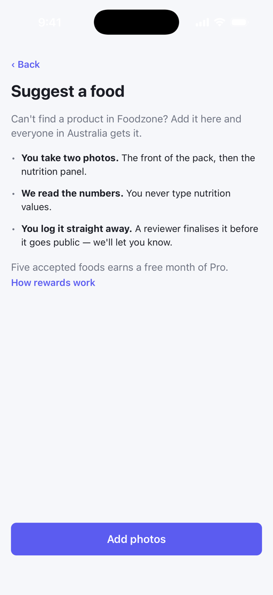 The Suggest a food intro screen with the three steps and the rewards line