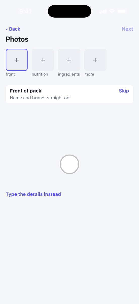 The Photos step with the four slots and the Front of pack prompt