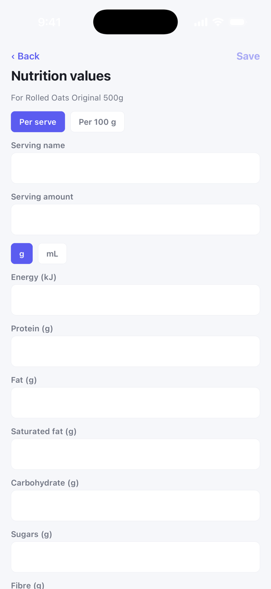The Nutrition values screen with per serve and per 100 g options