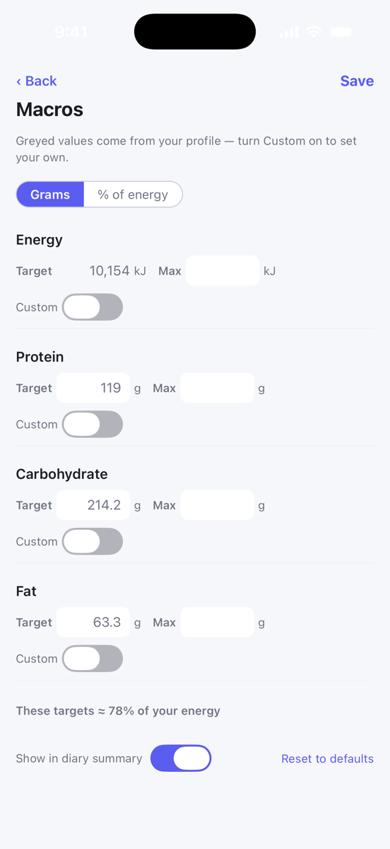 The Macros targets screen with Grams and % of energy and a Custom switch per row