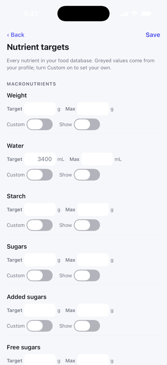 The Nutrient targets screen with Target, Max, Custom and Show for each nutrient