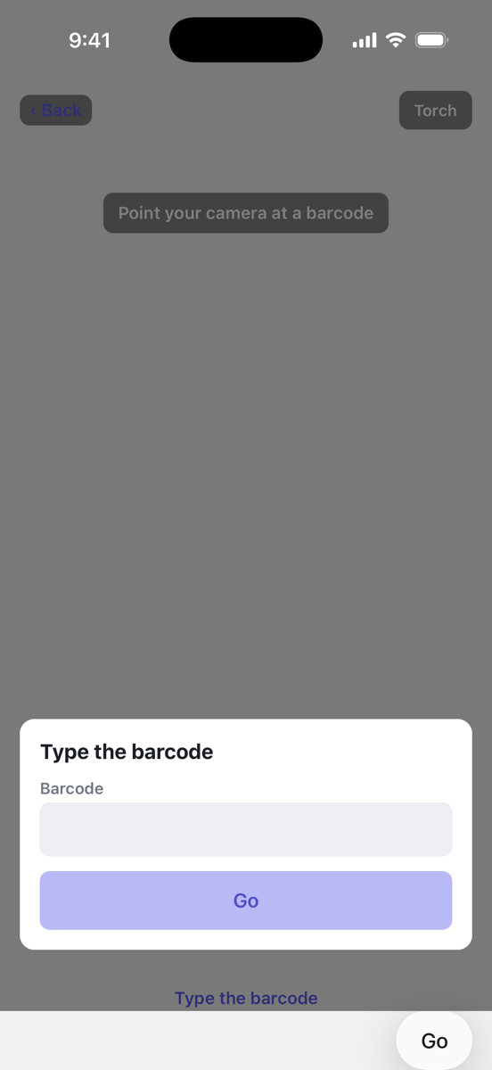 The Type the barcode sheet with a barcode entered and a Go button