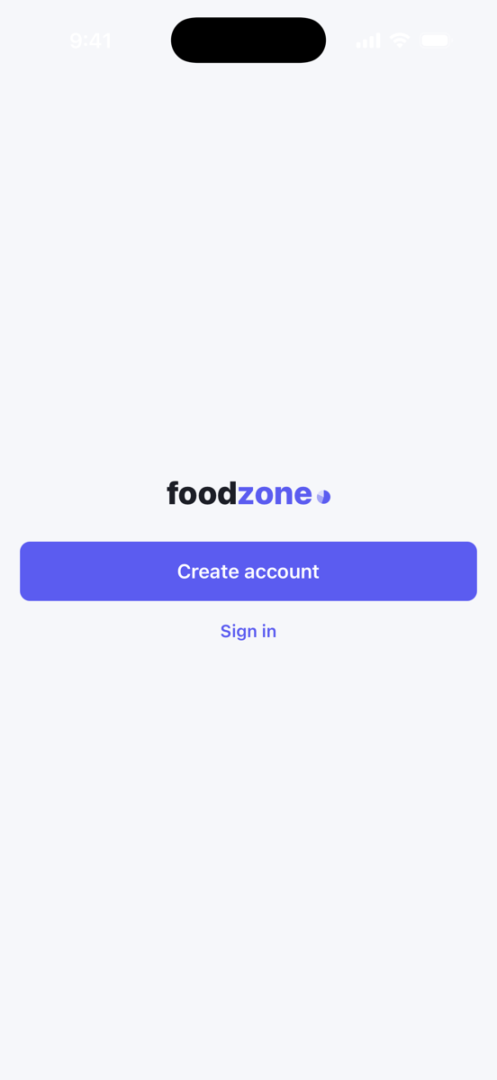 The Foodzone welcome screen with Create account and Sign in