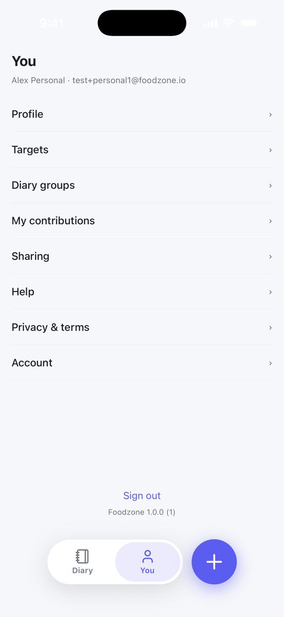The You tab listing Profile, Targets, Diary groups and the other settings