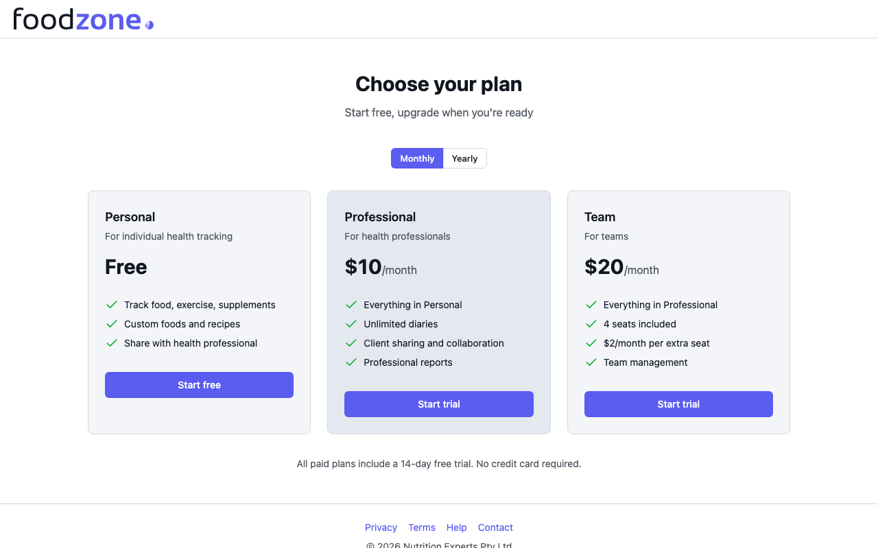 The Foodzone pricing page with Start free and Start trial buttons