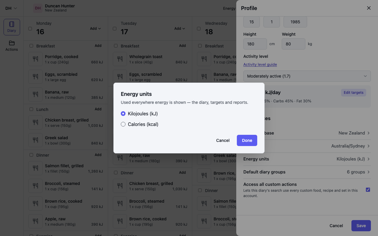 The Energy units dialog in the profile Preferences