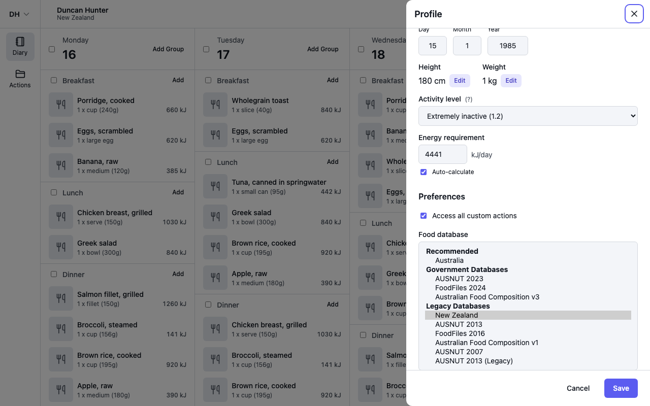 The Food database options in the profile Preferences