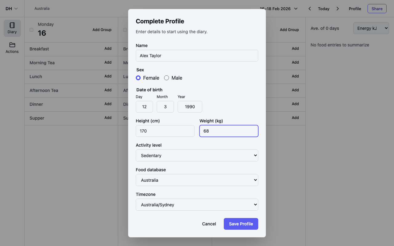 The Complete Profile dialog