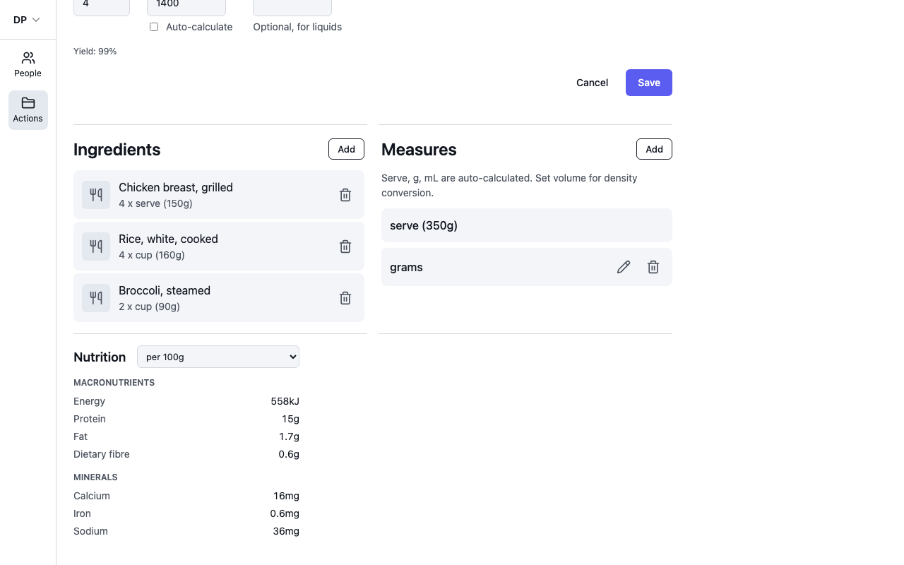 A recipe with ingredients, measures and the nutrition panel