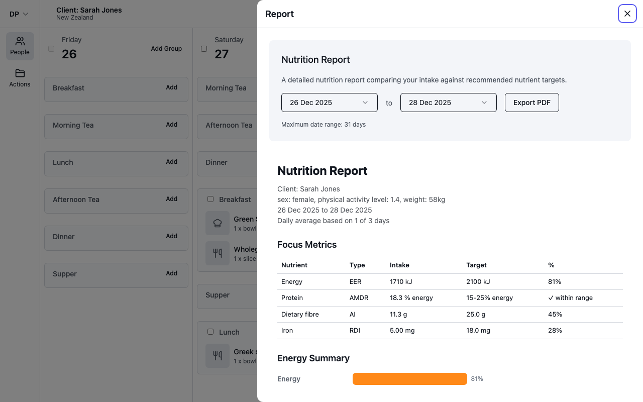 The Report blade with date range controls and a generated report