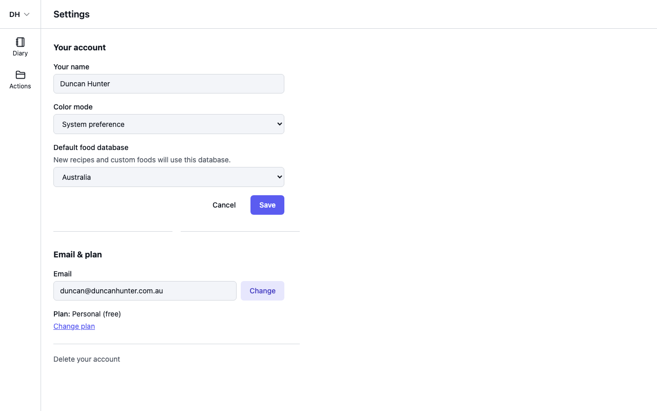 The Default food database selector in Settings