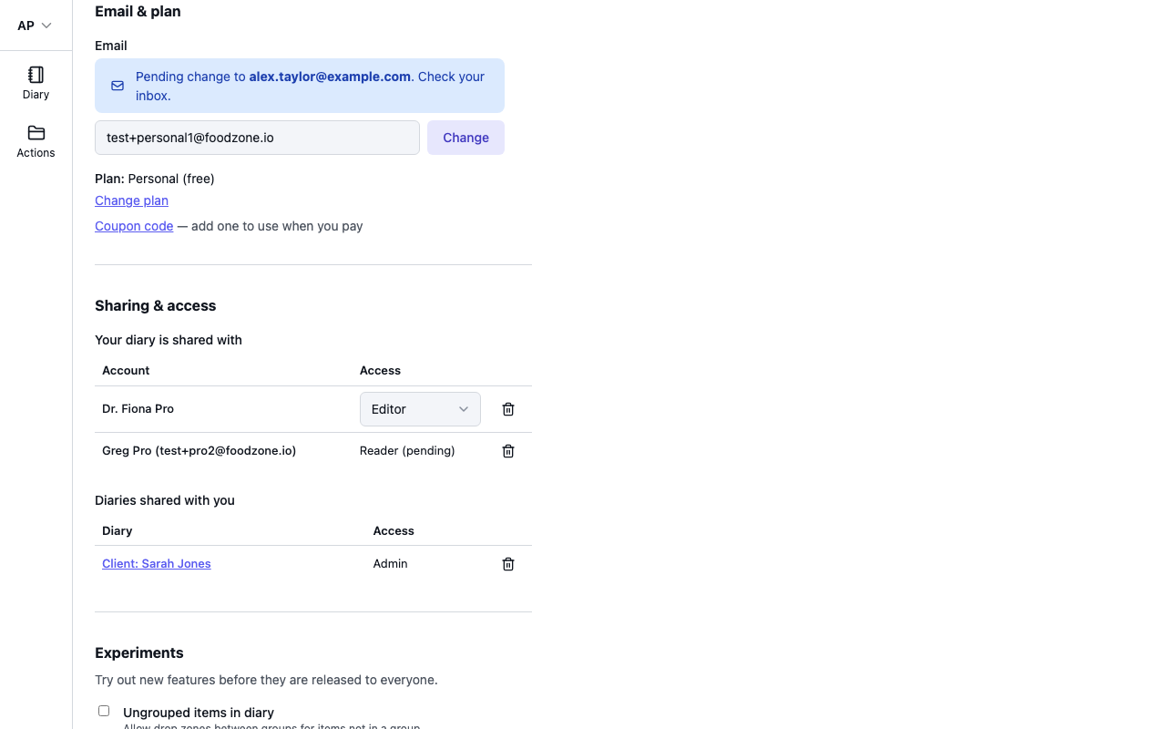 The Email field in Settings with a pending change waiting to be verified
