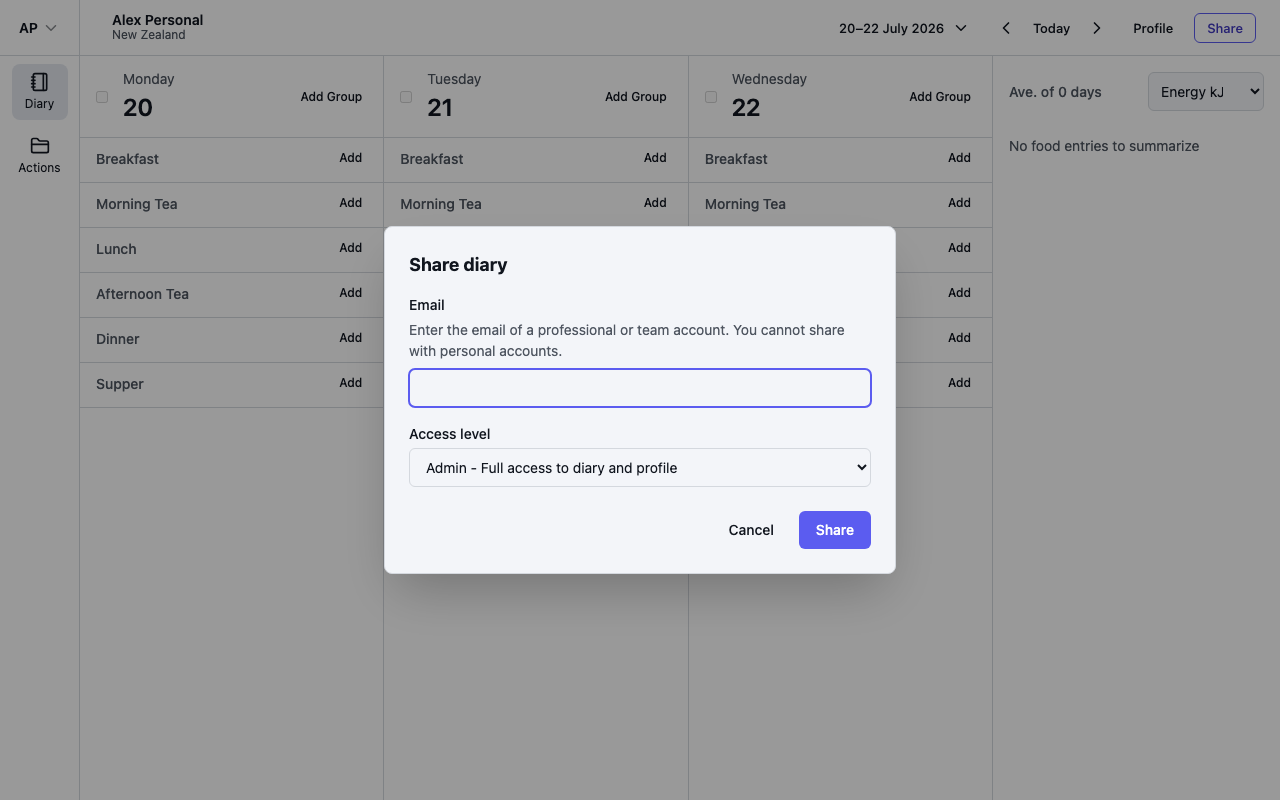 The Share diary dialog with email and access level