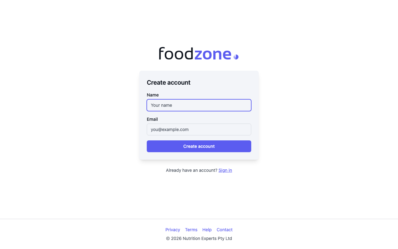 The Create account page