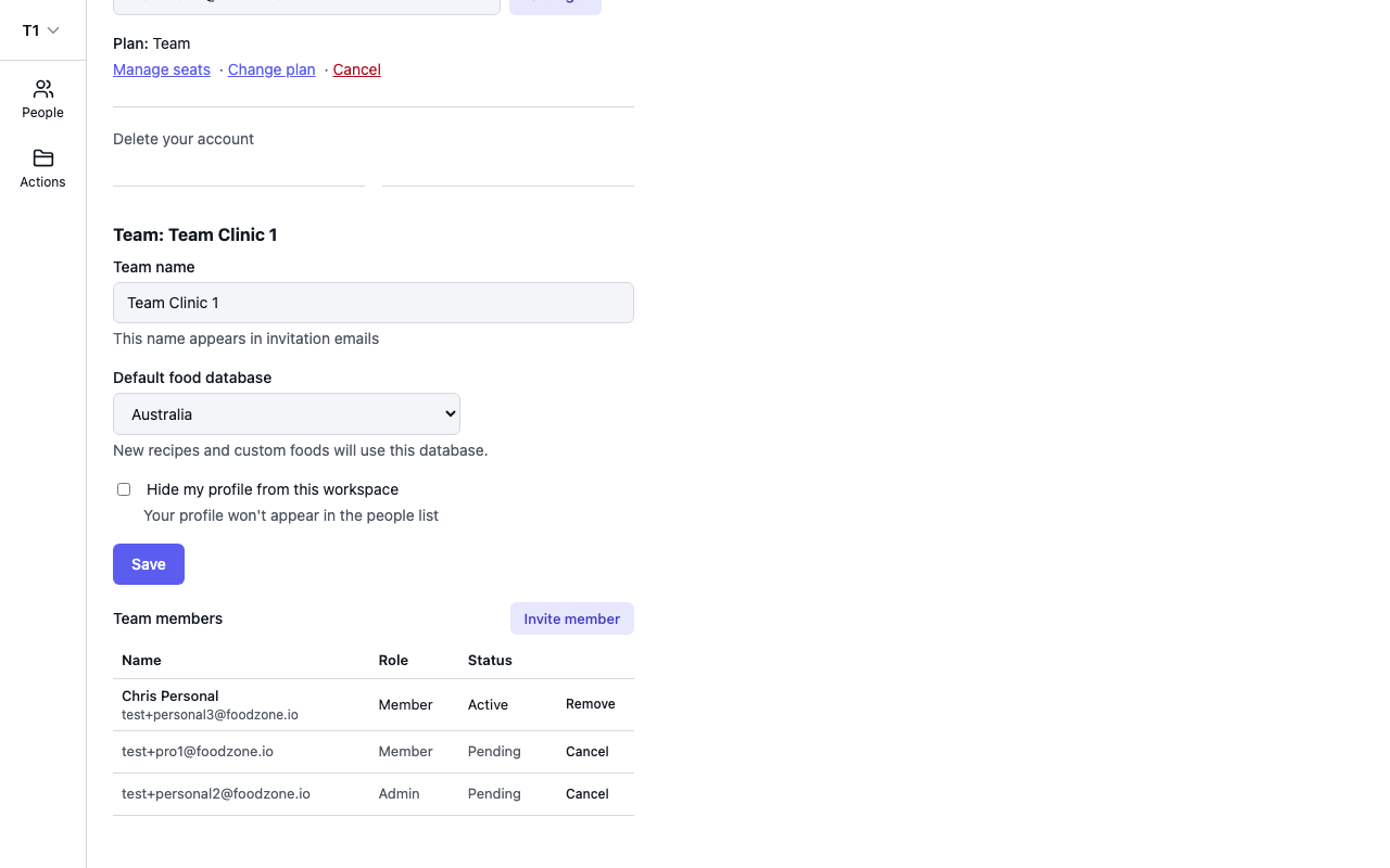 The Team members section in Settings with a pending invitation